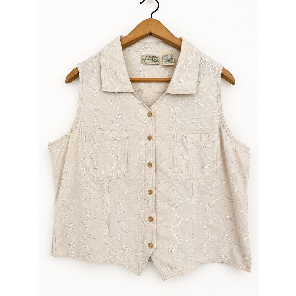 St. John’s Bay XL Tan Embroidered Sleeveless Shirt Blouse Cotton Linen  Cottage
